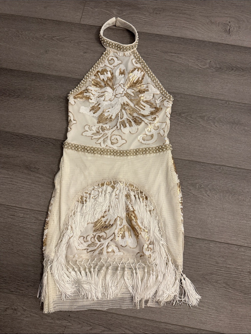 12th Tribe Pearl-Embellished Ivory Halter Dress with Gold Sequin Detail - Picture 2 of 5